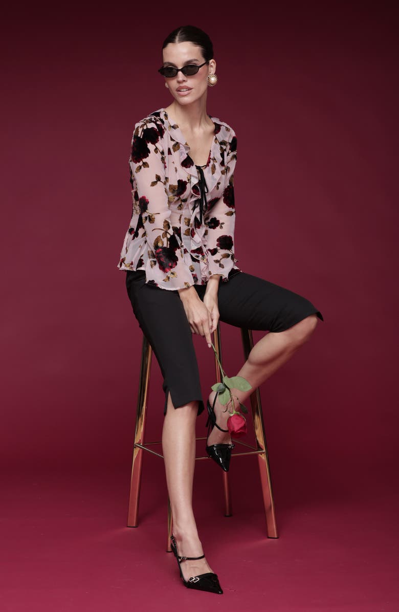 Avec Les Filles Ruffle Trim Floral Print Shirt, Alternate, color, Rose Burnout