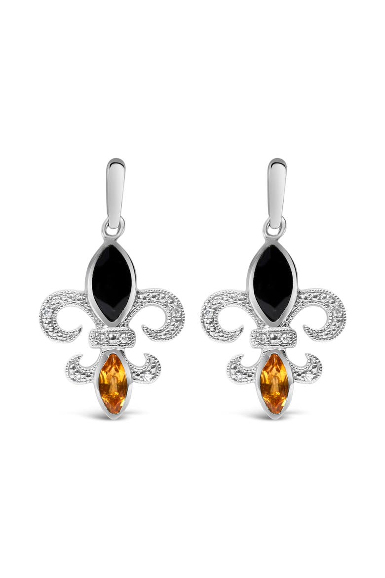 Silver Marquise Onyx and Citrine Diamond Accent Fleur De Lis Drop Stud Earrings, Main, color, White