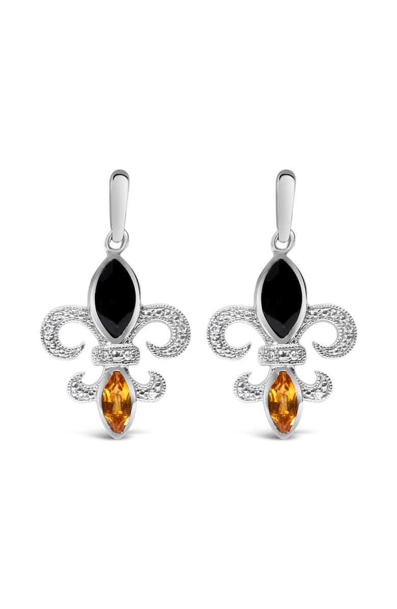 Haus of Brilliance Silver Marquise Onyx and Citrine Diamond Accent Fleur De Lis Drop Stud Earrings, Main, color, White