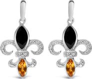 Haus of Brilliance Silver Marquise Onyx and Citrine Diamond Accent Fleur De Lis Drop Stud Earrings