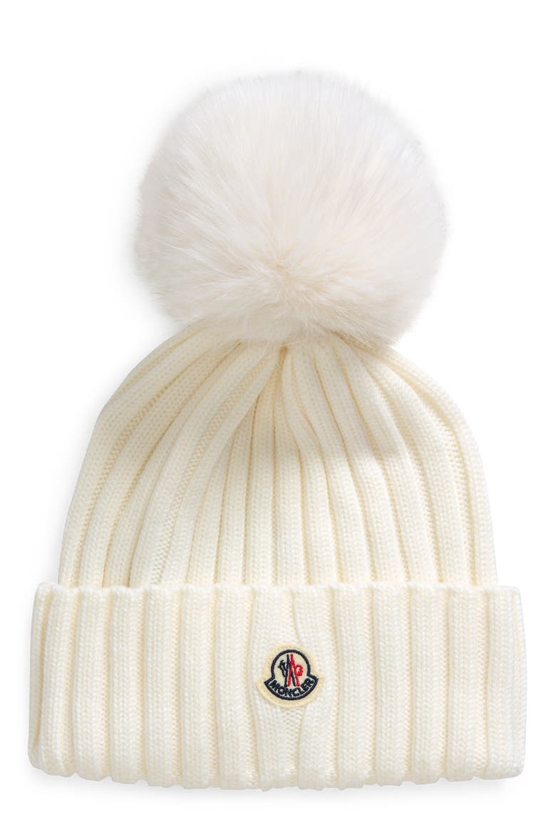 Virgin Wool Rib Beanie with Faux Fur Pompom, Main, color, NATURAL