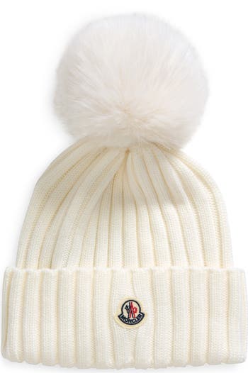 Moncler Virgin Wool Rib Beanie with Faux Fur Pompom | Nordstrom