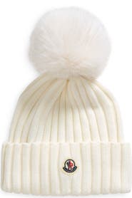Moncler Virgin Wool Rib Beanie with Faux Fur Pompom