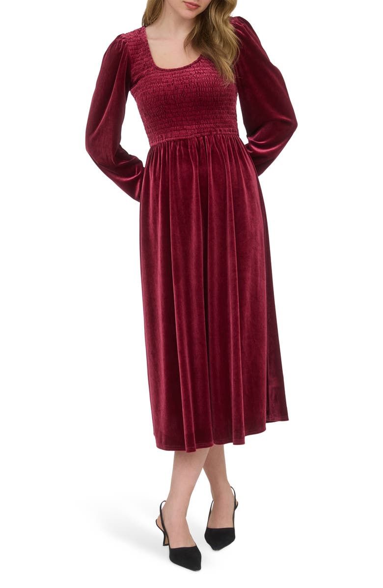 AUGUST SKY Long Sleeve Smocked Velvet Midi Dress, Main, color, Burgundy
