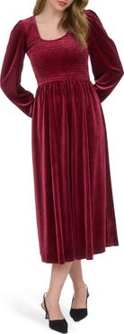AUGUST SKY Long Sleeve Smocked Velvet Midi Dress
