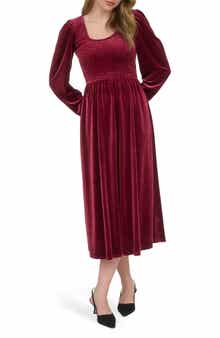 AUGUST SKY Long Sleeve Smocked Velvet Midi Dress