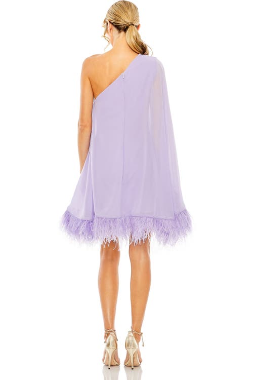 MAC DUGGAL MAC DUGGAL ONE SHOULDER TRAPEZE DRESS WITH FEATHER TRIM