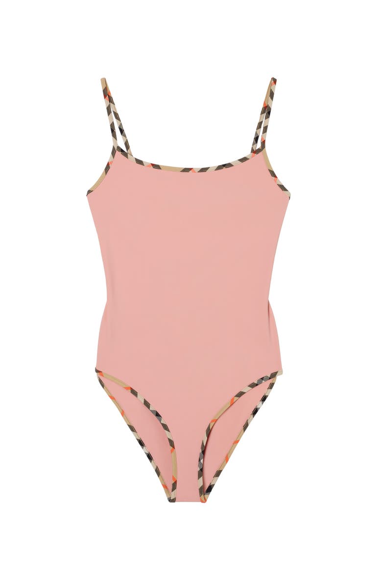 Burberry Check Trim Swimsuit, Main, color, Begonia Pink