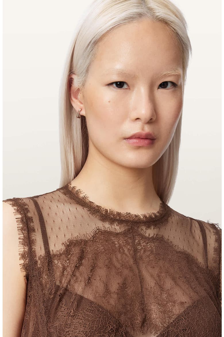 Clara Sheer Lace Sleeveless Handkerchief Hem Dress, Alternate, color, BITTER BROWN