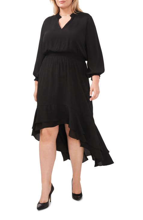 Smocked Waist Long Sleeve High-Low Dress (Plus Size)