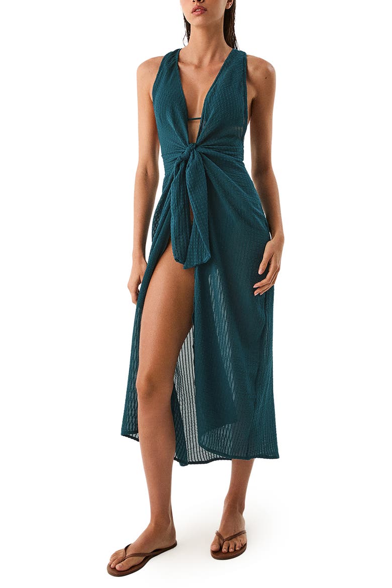 Mita Plunge Sleeveless Tie Front Semisheer Cotton Cover-Up Dress, Main, color, GREEN