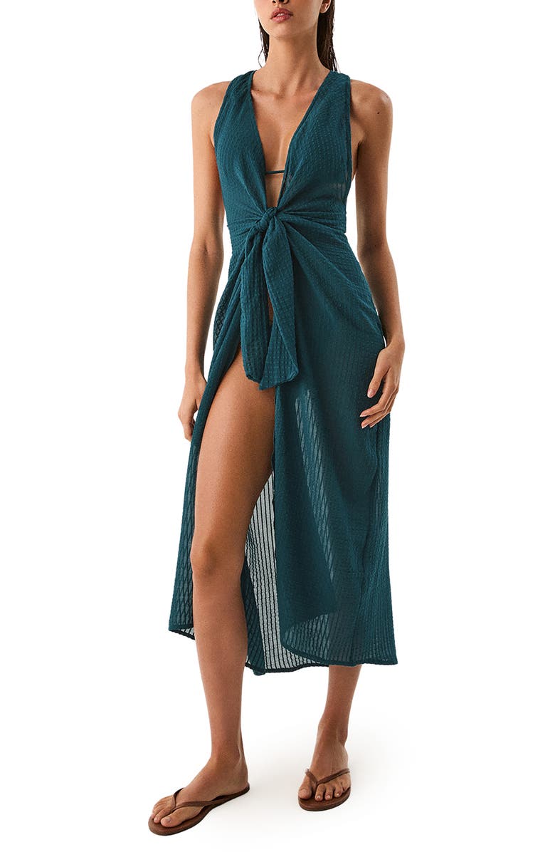ViX Paula Hermanny Mita Plunge Sleeveless Tie Front Semisheer Cotton Cover-Up Dress, Main, color, Green