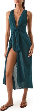 ViX Paula Hermanny Mita Plunge Sleeveless Tie Front Semisheer Cotton Cover-Up Dress