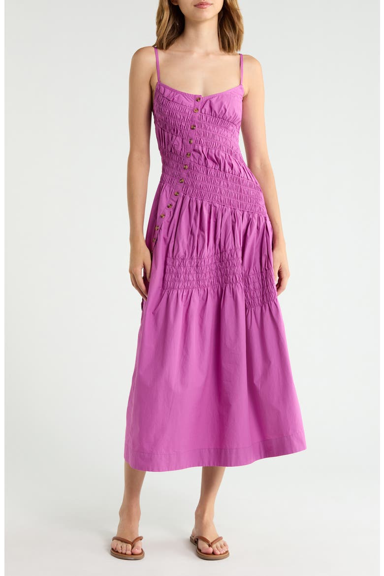 Lyra Sleeveless Shirred Midi Sundress, Main, color, MAGENTA