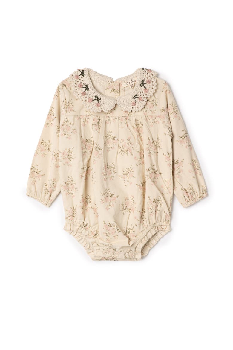 Flower Crochet Collar Corduroy Floral Bubble Romper, Main, color, Rose Cloud