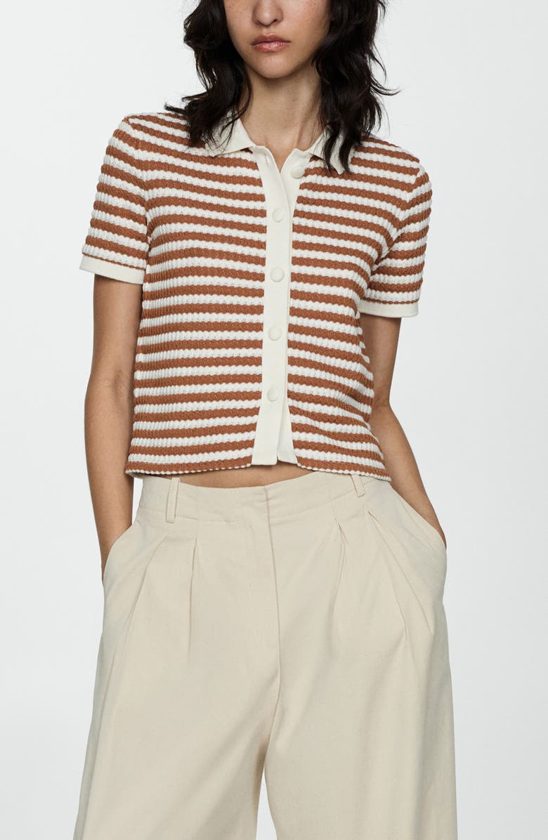 MANGO Stripe Short Sleeve Knit Button-Up Shirt, Main, color, 
