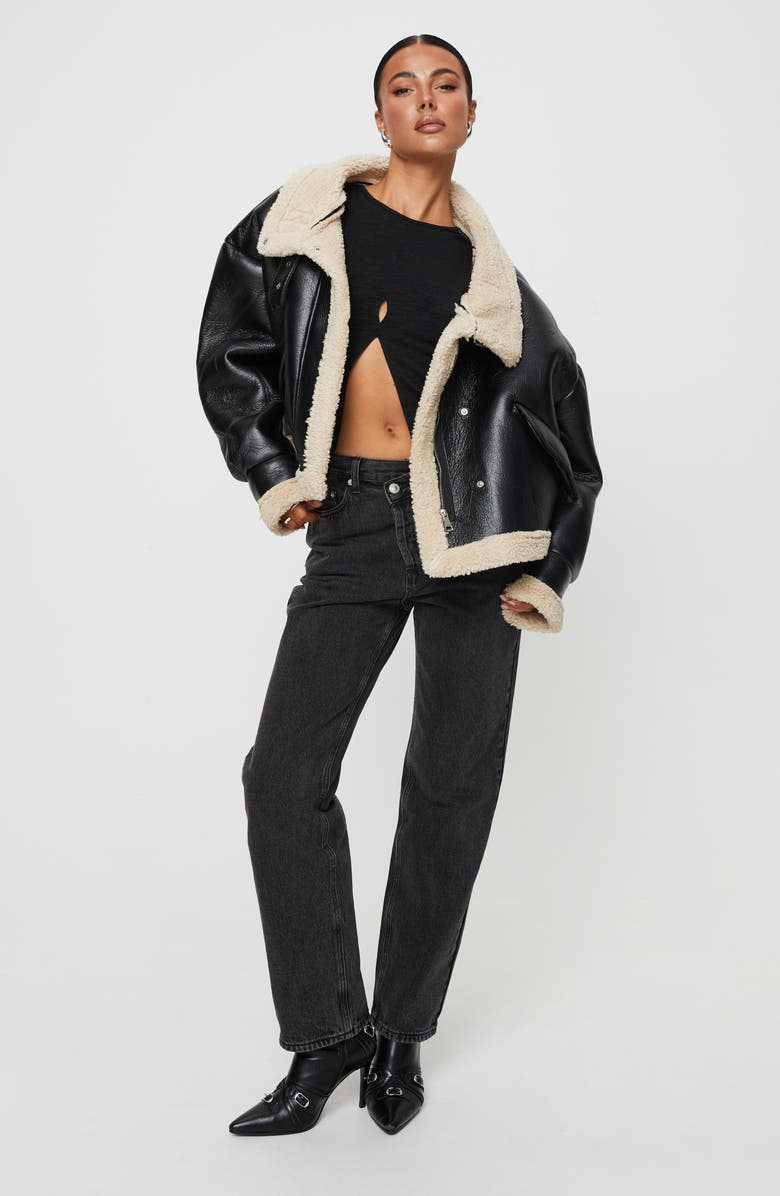 Princess Polly Kimmons Faux Leather Jacket with Faux Shearling Trim, Alternate, color, 