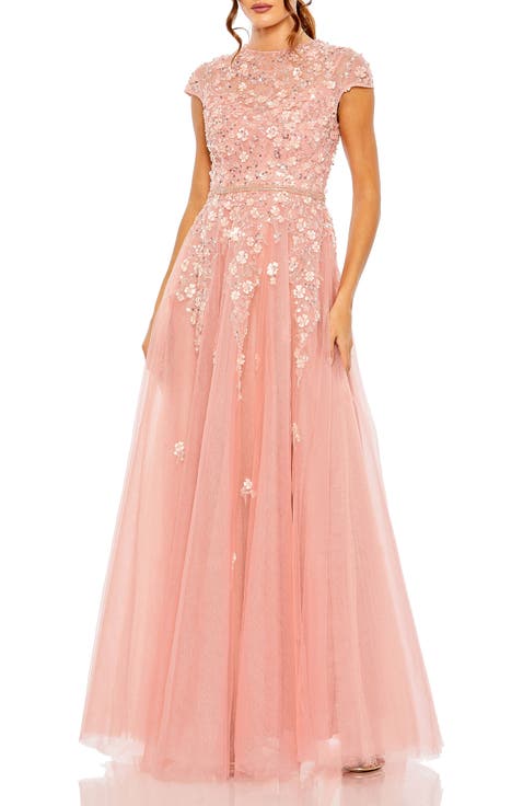 Floral Embellished High Neck Cap Sleeve A Line Gown