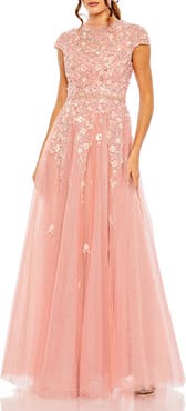 Mac Duggal Floral Embellished High Neck Cap Sleeve A Line Gown