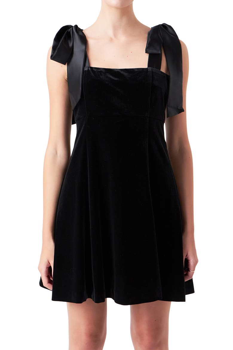 Tie Shoulder Velvet Minidress, Alternate, color, BLACK