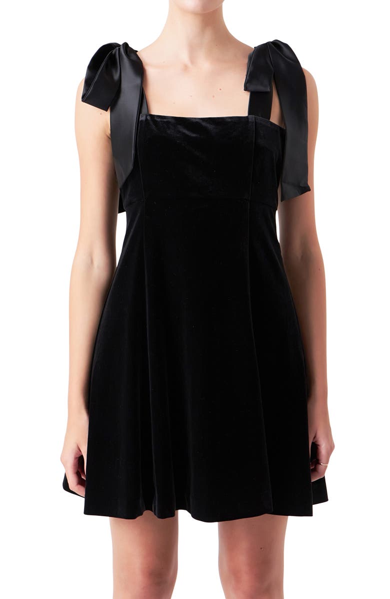 Endless Rose Tie Shoulder Velvet Minidress, Alternate, color, Black