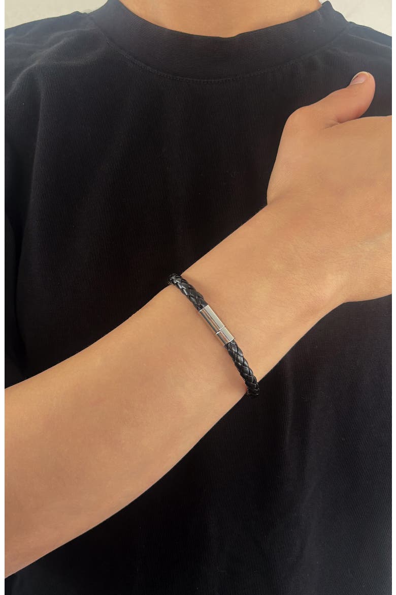 Men's Black Woven Faux Leather Bracelet, Alternate, color, BLACK/ SILVER