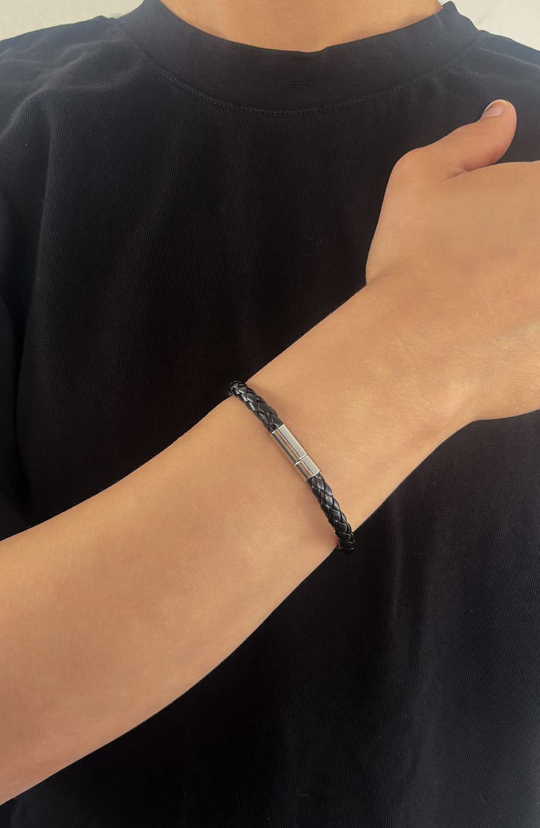 Adornia Men's Black Woven Faux Leather Bracelet, Alternate, color, Black/ Silver