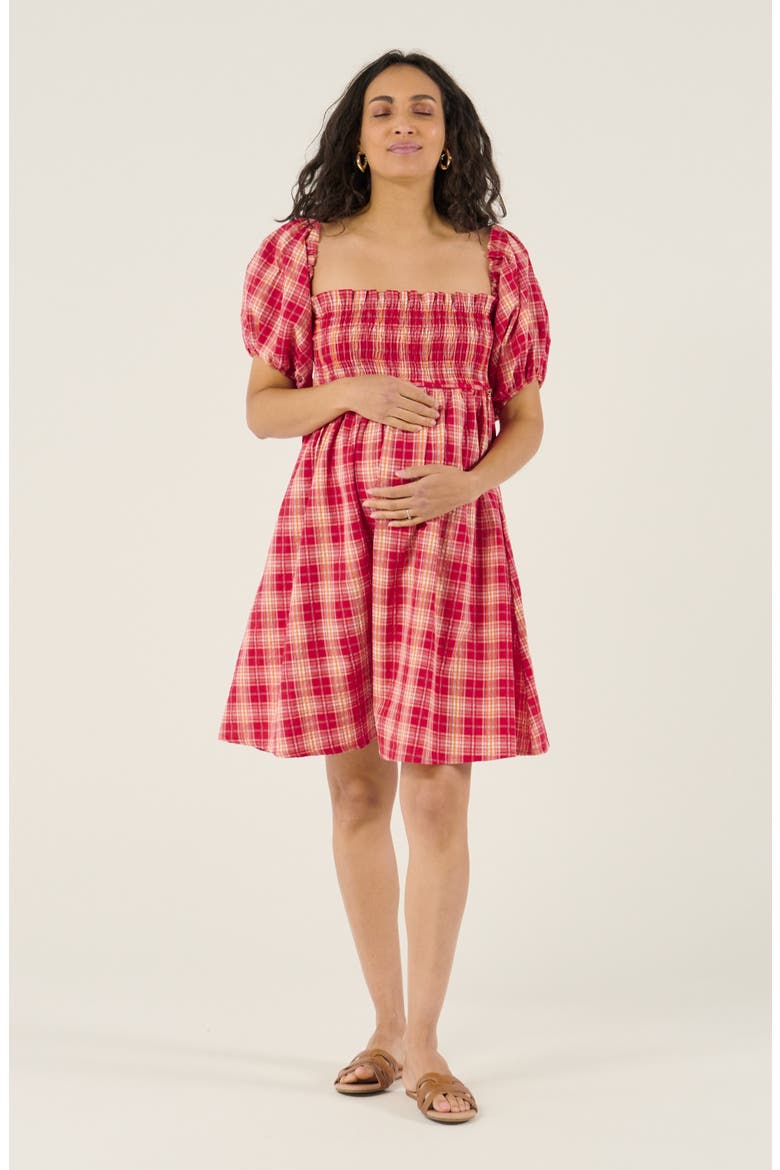 Maternity and Nursing Short Smock checked dress Melissa, Main, color, Raspberry