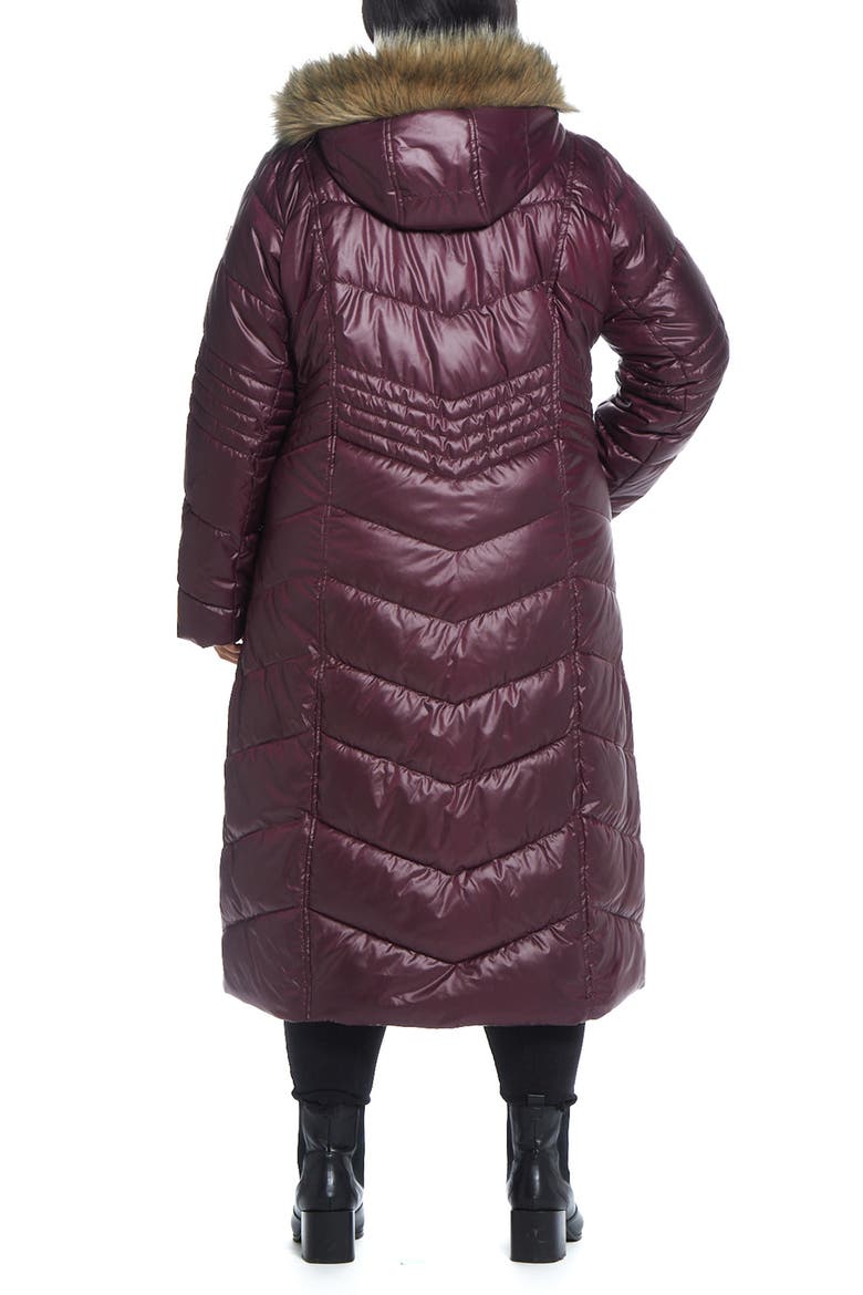 Hooded Maxi Puffer Coat with Faux Fur Trim, Alternate, color, PORT