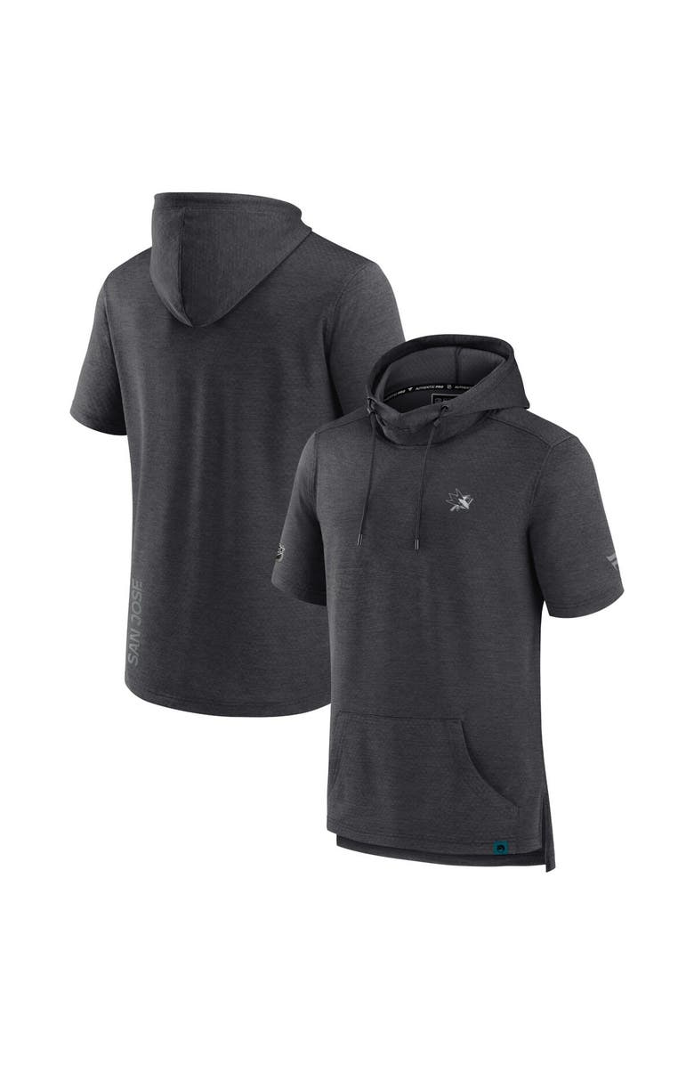 FANATICS Men's Fanatics Branded  Heather Charcoal San Jose Sharks Authentic Pro Short Sleeve Pullover Hoodie, Main, color, 