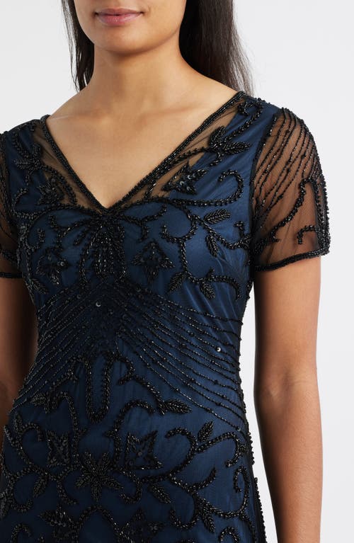 Pisarro Nights Beaded Mesh Column Gown In Blue
