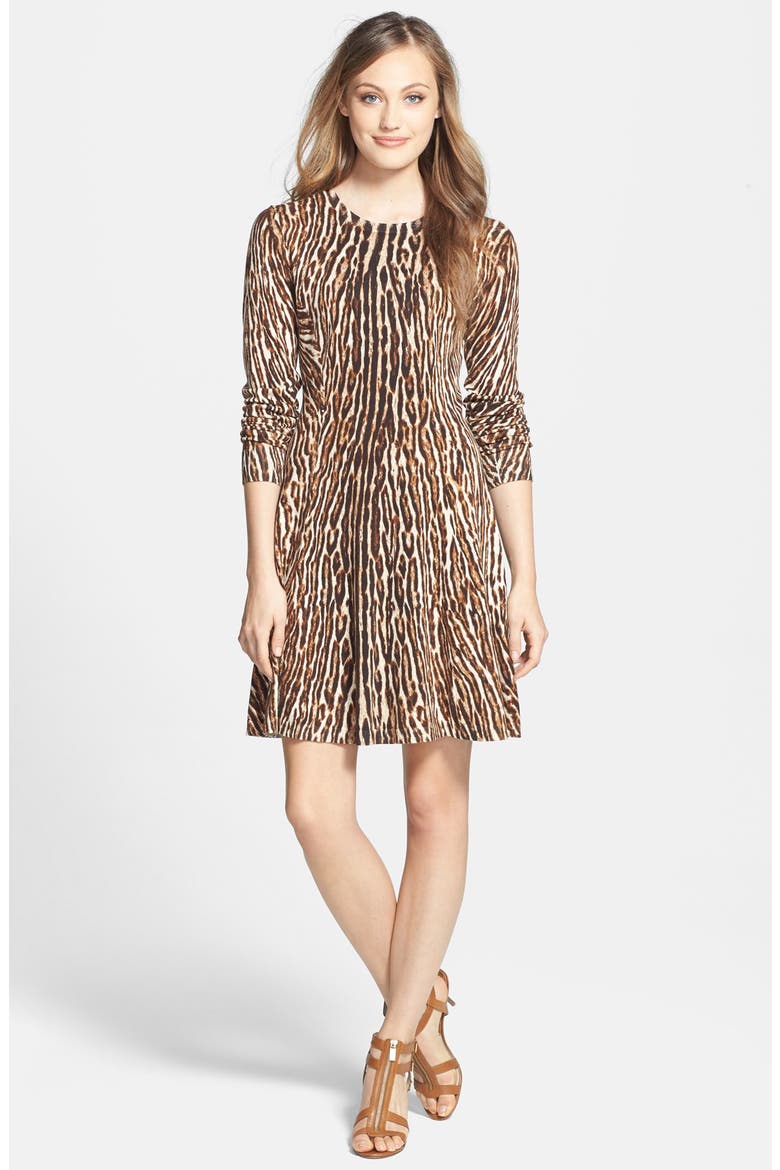 Print Fit & Flare Sweater Dress, Main, color, CHOCOLATE