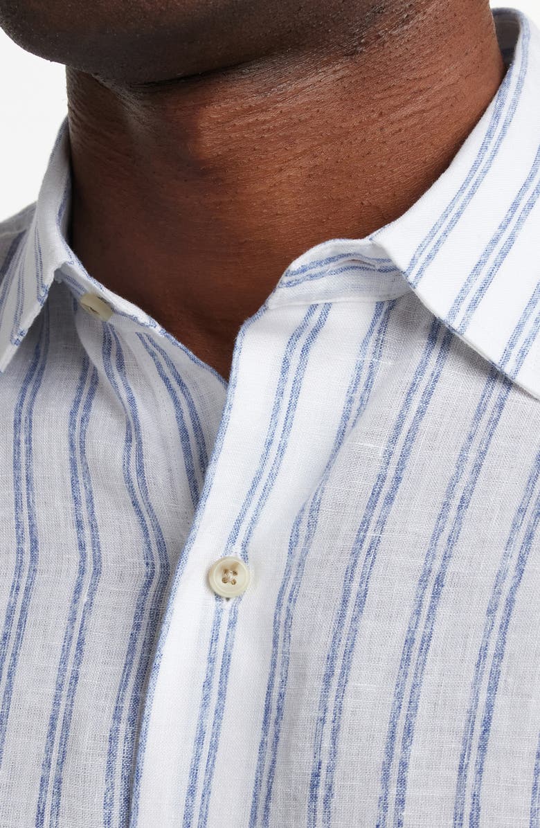 David Donahue Stripe Short Sleeve Slub Linen Button-Up Shirt, Alternate, color, White/ Blue