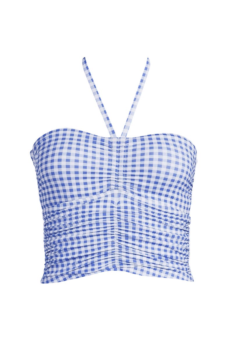 Womens Ruched Halter Tankini Top, Alternate, color, Soft Cloud Blue Gingham