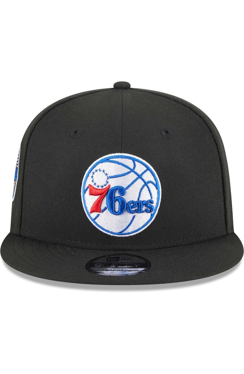 New Era Men's New Era Black Philadelphia 76ers 3-Time Champions Commemorative Side Patch 9FIFTY Snapback Hat, Alternate, color, 