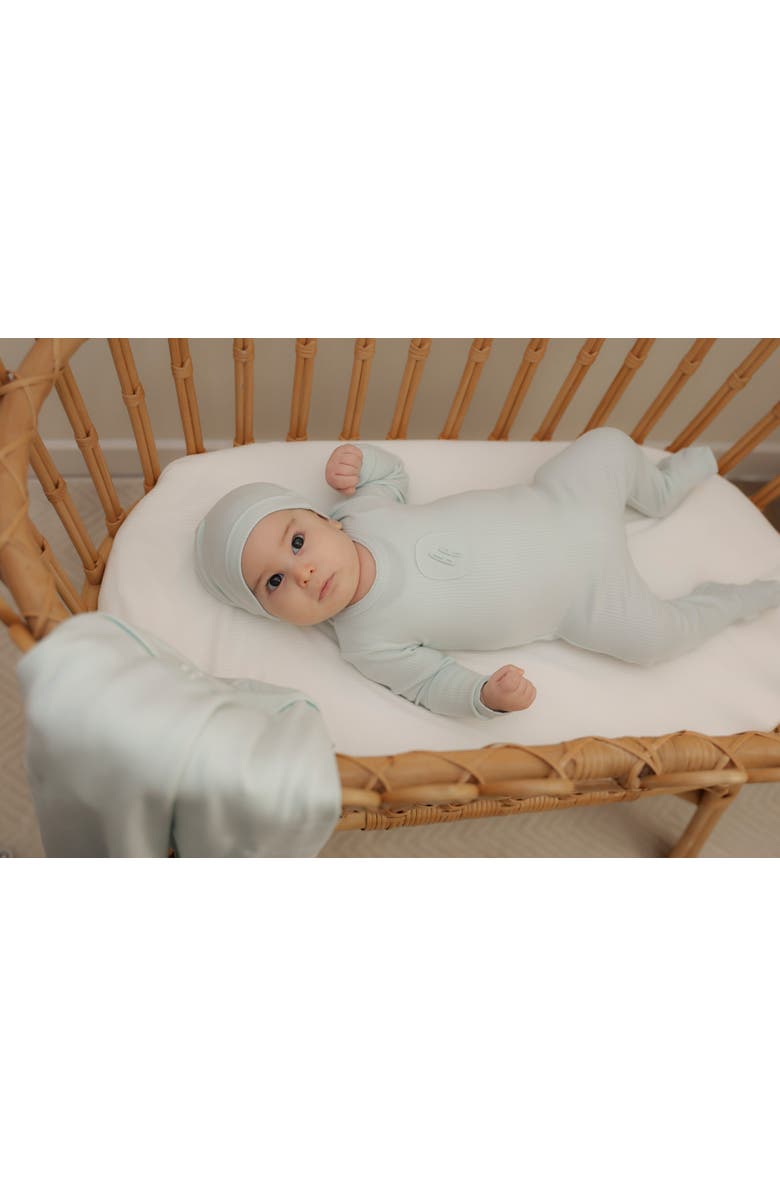 Little Fragile Soft Modal Rib Scalloped Binding Embossed Romper, Hat And Blanket Set, Alternate, color, Cool Sky