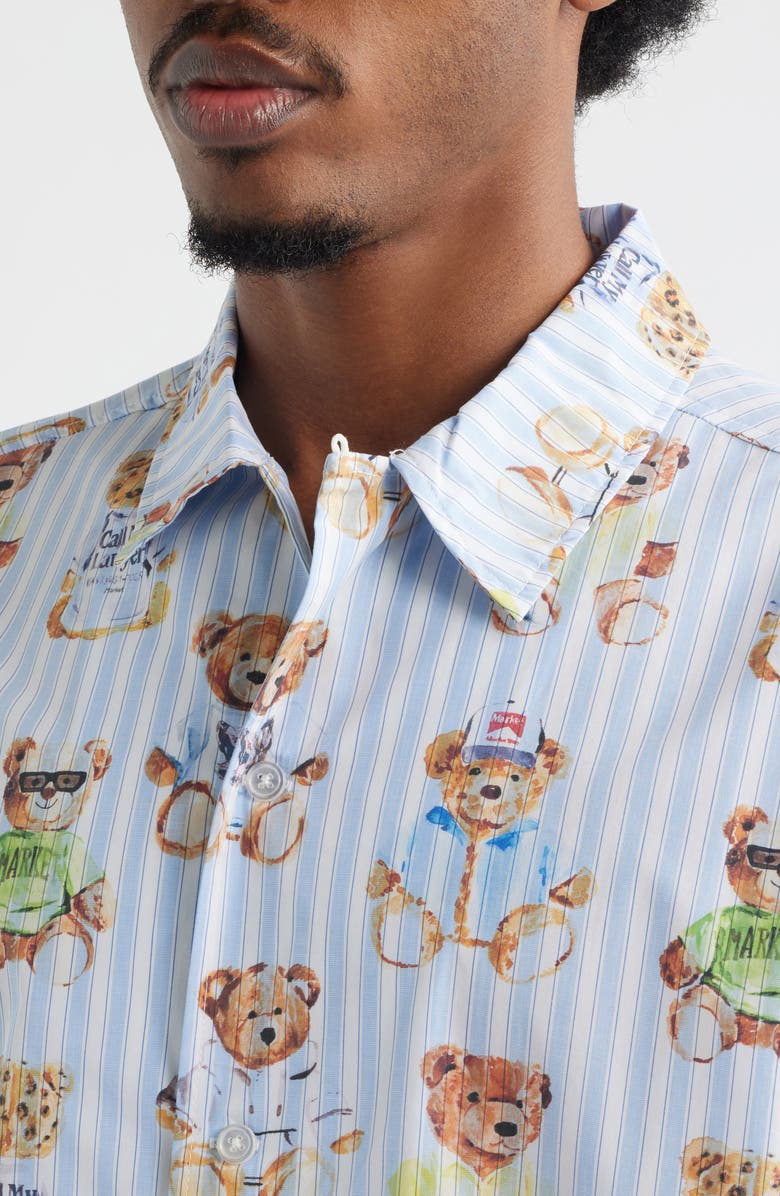 MARKET Stripe Teddy Graphic Button-Up Shirt, Alternate, color, Blue Multi