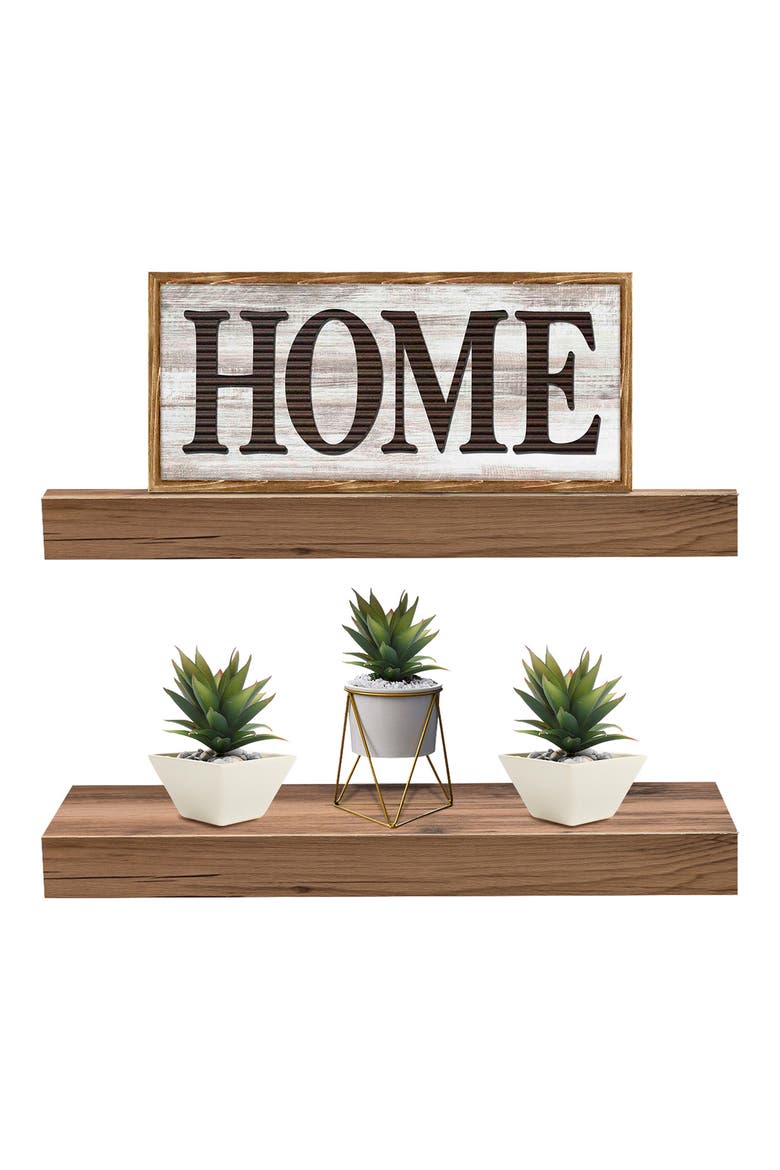 Mahogany 2 Tier Wooden Wall Mounted Floating Shelf, Alternate, color, MAHOGANY WOOD