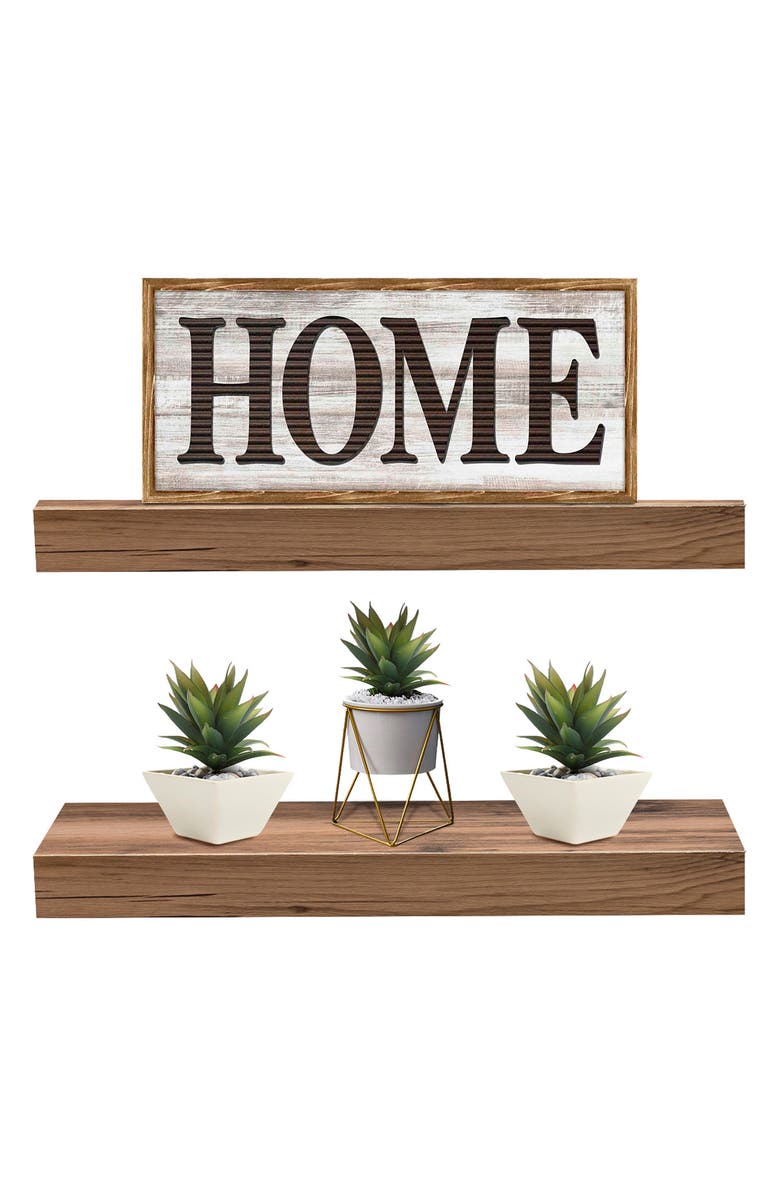 SORBUS Mahogany 2 Tier Wooden Wall Mounted Floating Shelf, Alternate, color, Mahogany Wood