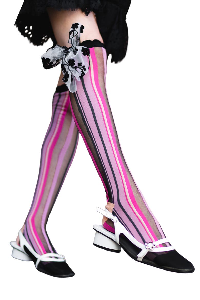Parisian Stripe Bow Knee High Socks, Main, color, MULTI PINK