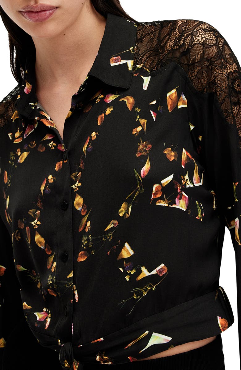 AllSaints Len Floral Print Lace Trim Tie Hem Shirt, Alternate, color,