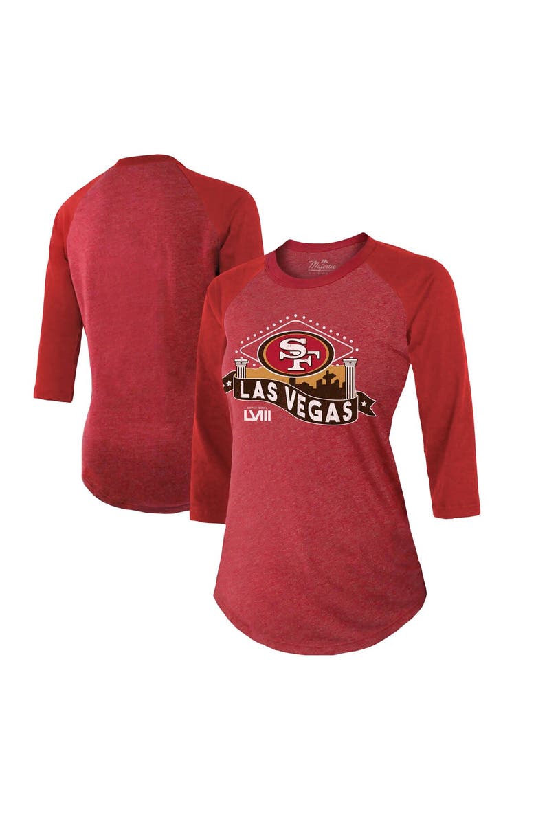 Majestic Threads Women's Majestic Threads  Scarlet San Francisco 49ers Super Bowl LVIII Vegas Raglan 3/4-Sleeve Tri-Blend T-Shirt, Main, color, 