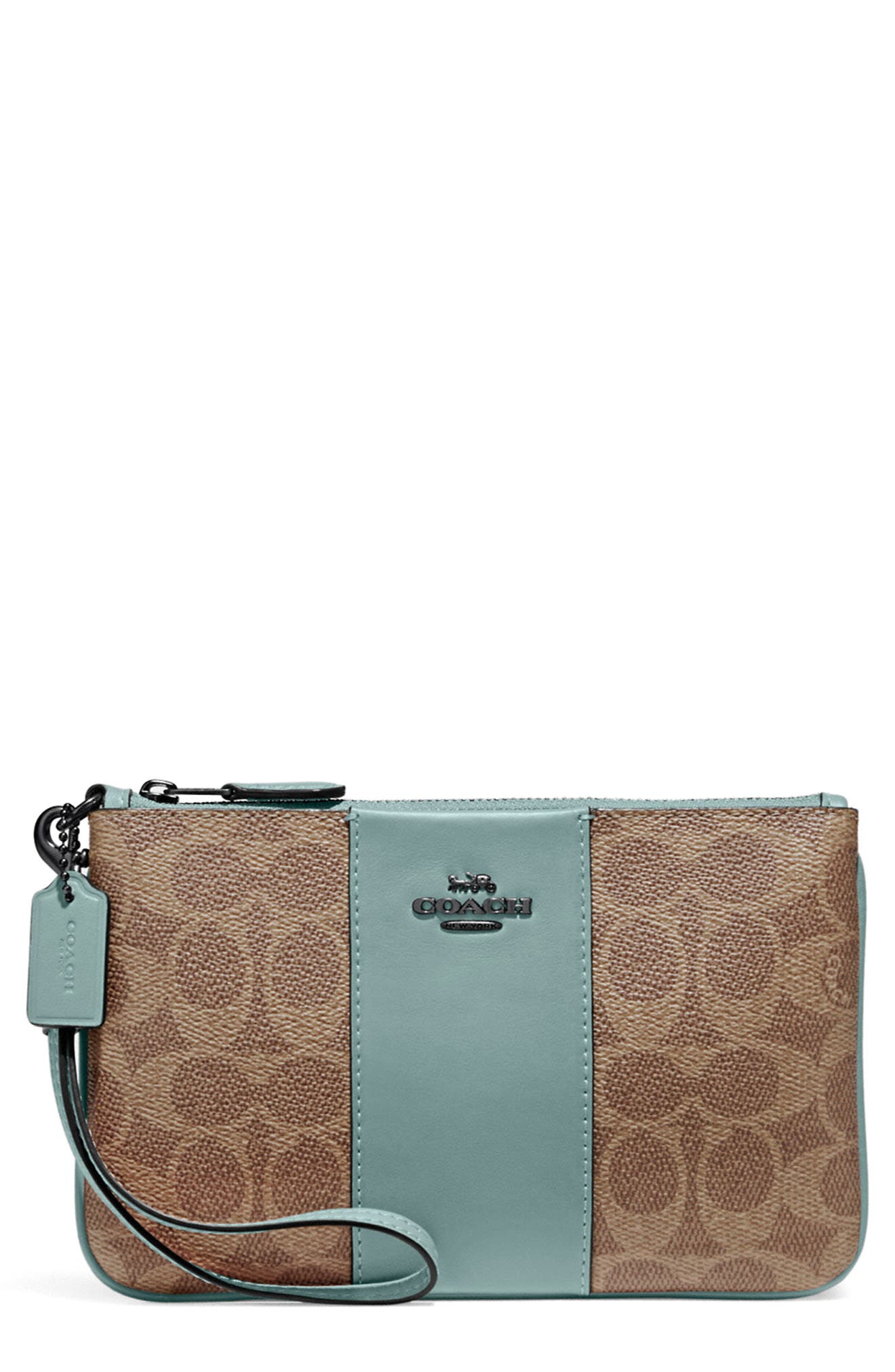 Small Signature Canvas & Leather Wristlet, Main, color, TAN AQUA