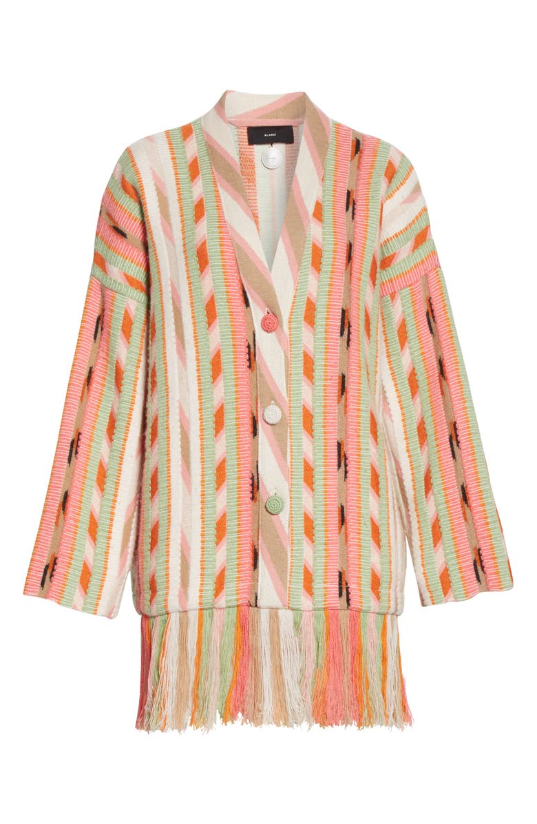Alanui Fringe Trim Cashmere Blend Jacquard Cardigan, Alternate, color, 
