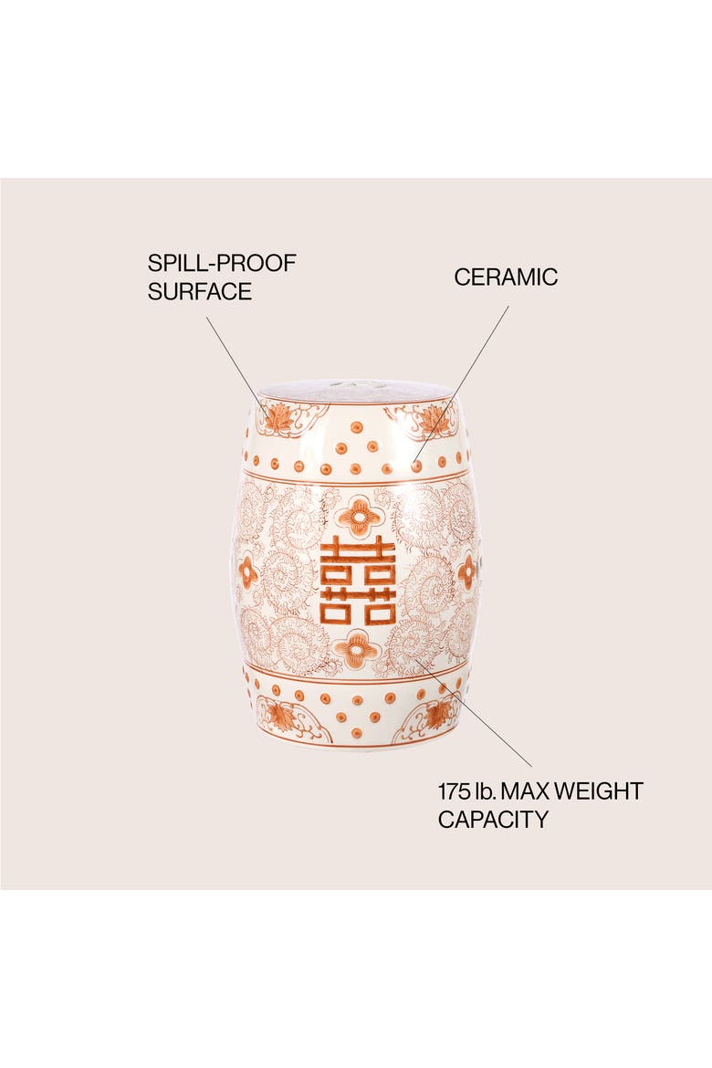 Double Happiness Traditional Ceramic Garden Stool, Indoor/Outdoor Chinoiserie Double Happiness Patio Drum Accent Side Table, Alternate, color, Orange/White