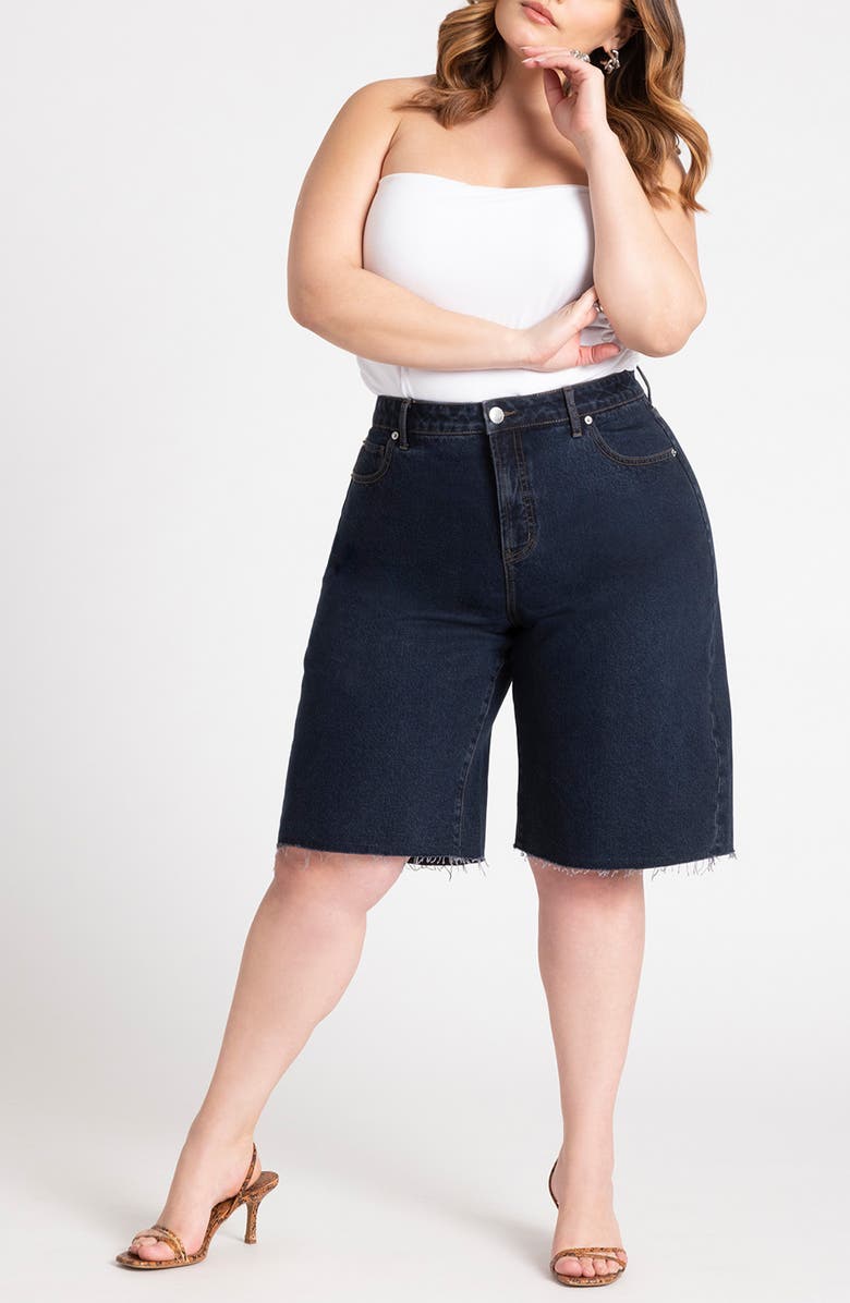 ELOQUII Raw Hem Denim Bermuda Shorts, Alternate, color,