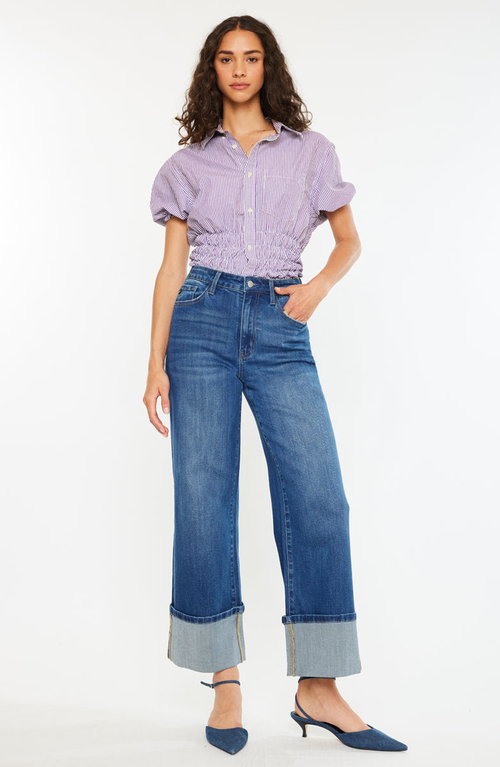 Kancan Delia Essentials High Rise Crop Wide Leg Jeans In Blue