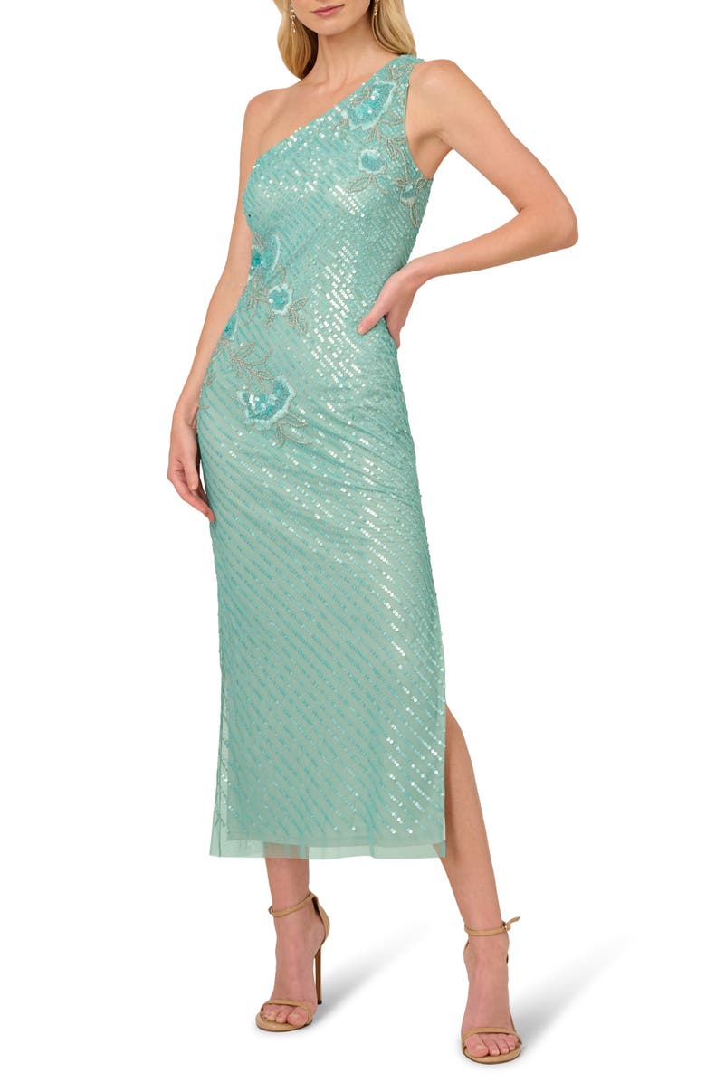 Adrianna Papell Beaded Sequin Floral One-Shoulder Gown, Main, color, 