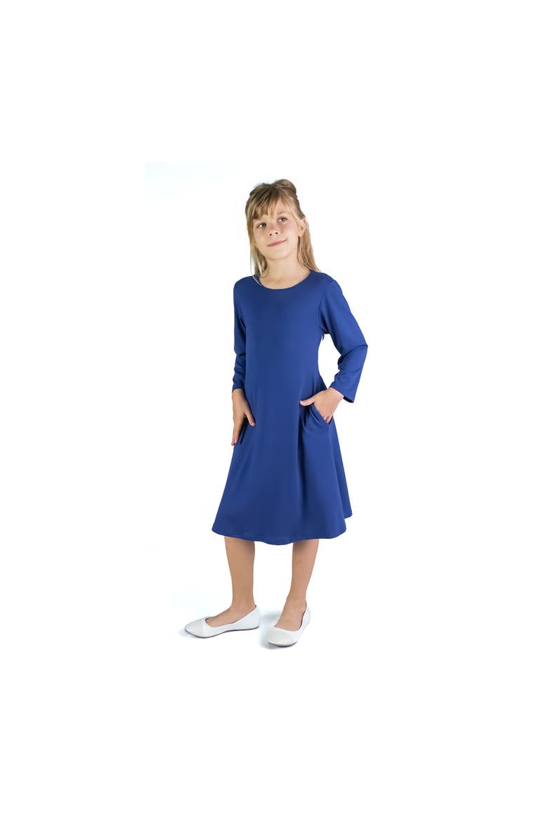 Long Sleeve Loose Fit Knee Length Tunic Pocket Dress, Main, color, Navy