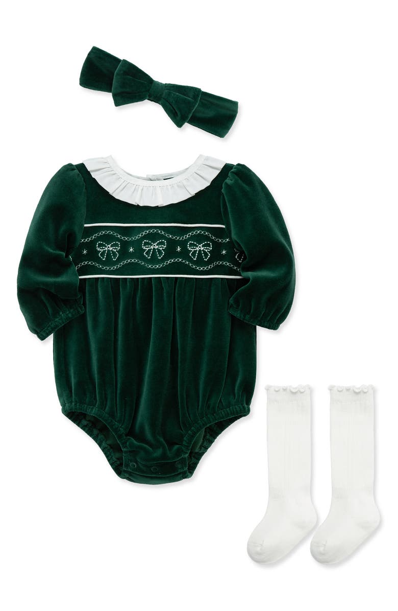 Little Me Bows Cotton Blend Velour Bubble Romper, Headband & Knee High Socks Set, Main, color, Green